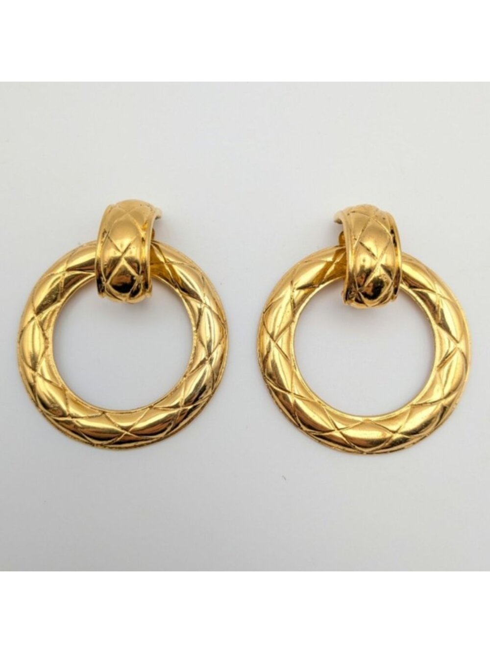 Chanel Earrings Quilted Gold Hoop Swing Round Circle First Era Vintage